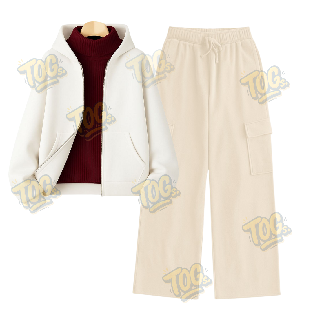 Straight Leg Cargo With White Zipper & Maroon Highneck
