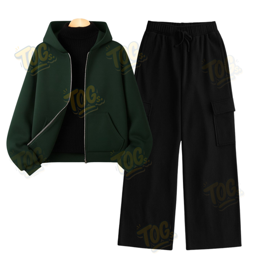 Straight Leg Cargo With Dark Green Zipper & Black Highneck