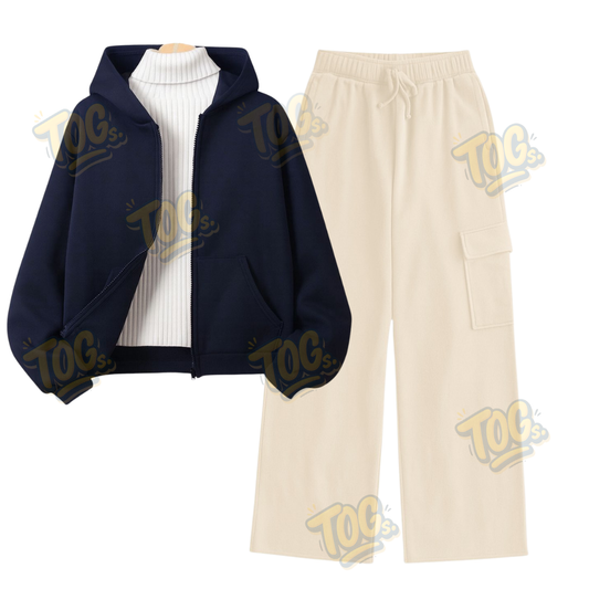 Straight Leg Cargo With NavyBlue Zipper & White Highneck
