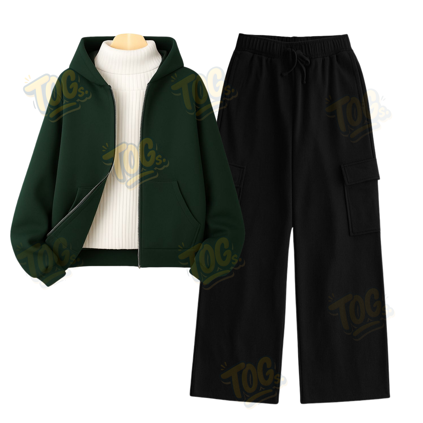 Straight Leg Cargo With DarkGreen Zipper & White Highneck