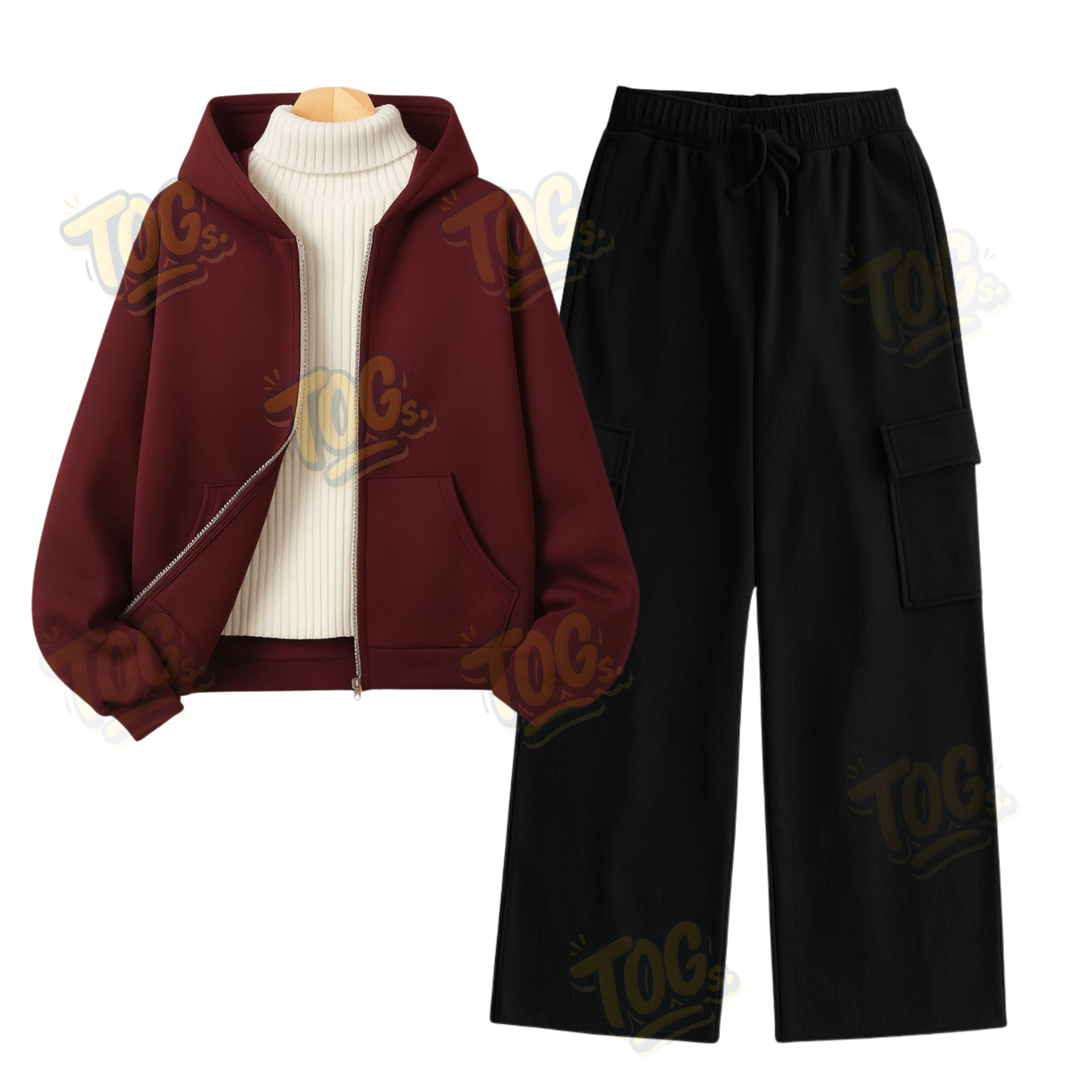 Straight Leg Cargo With Maroon Zipper & White Highneck