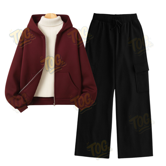 Straight Leg Cargo With Maroon Zipper & White Highneck