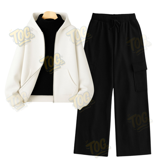 Straight Leg Cargo With White Zipper & Black Highneck