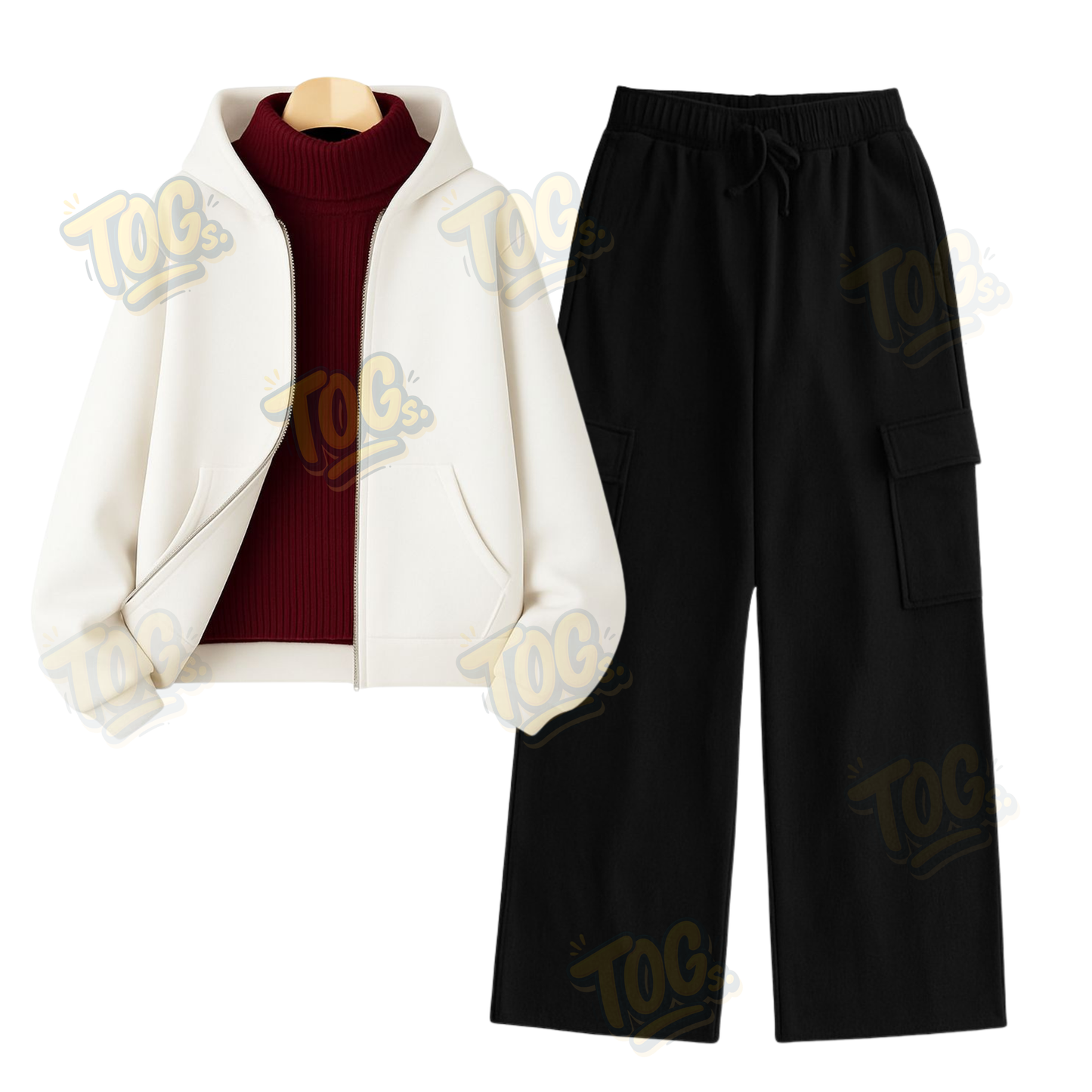 Straight Leg Cargo With White Zipper & Maroon Highneck