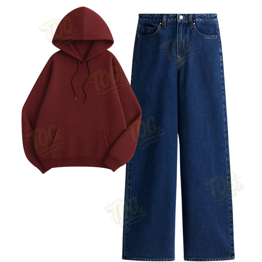 Dark Blue Wide Leg Jeans with Oversized Hoodie
