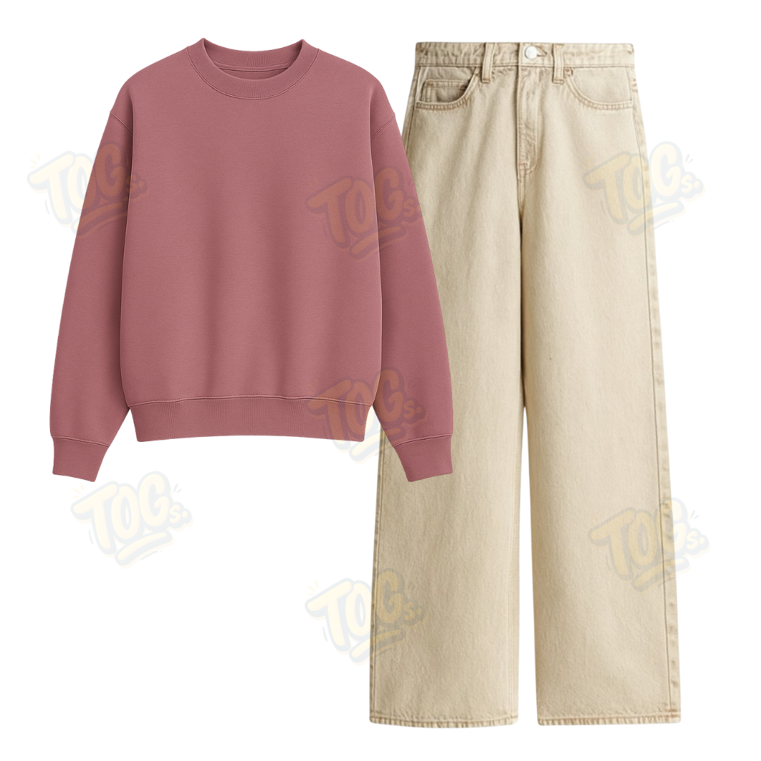 Beige Wide Leg Jeans With Oversized Sweatshirt