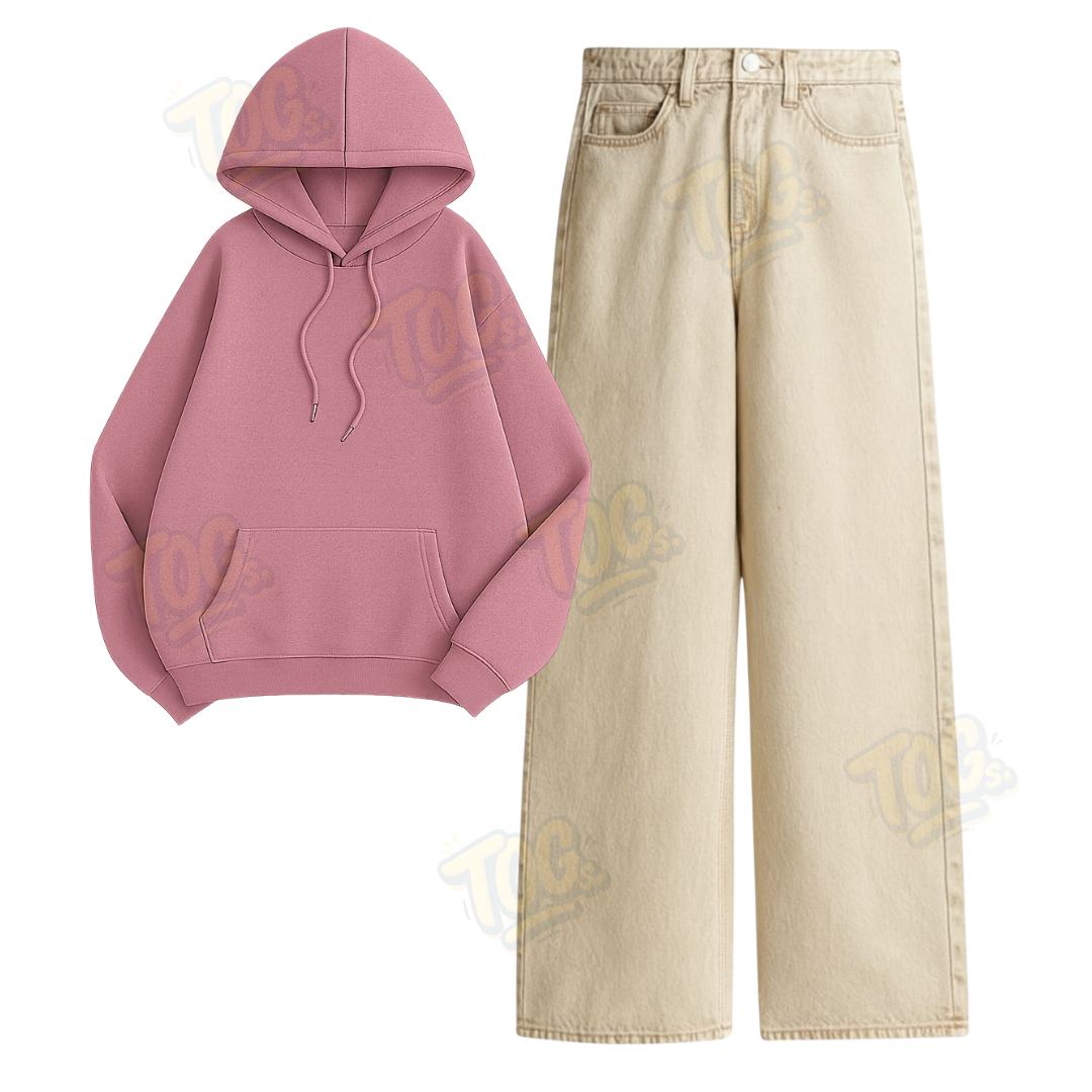 Beige Wide Leg Jeans with Oversized Hoodie
