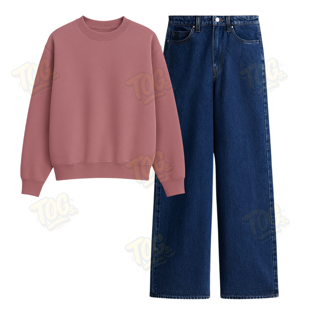 Dark Blue Wide Leg Jeans With Oversized Sweatshirt