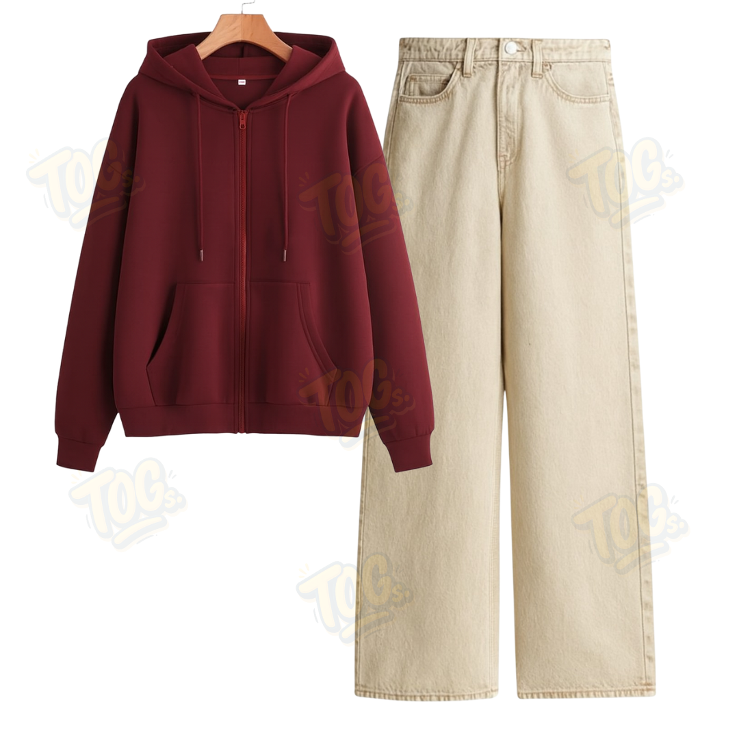 Beige Wide Leg Jeans With Oversized Zipper