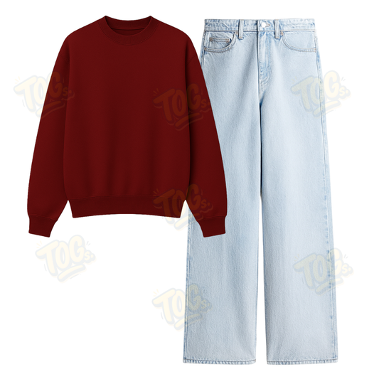 Ice Blue Wide Leg Jeans With Oversized Sweatshirt