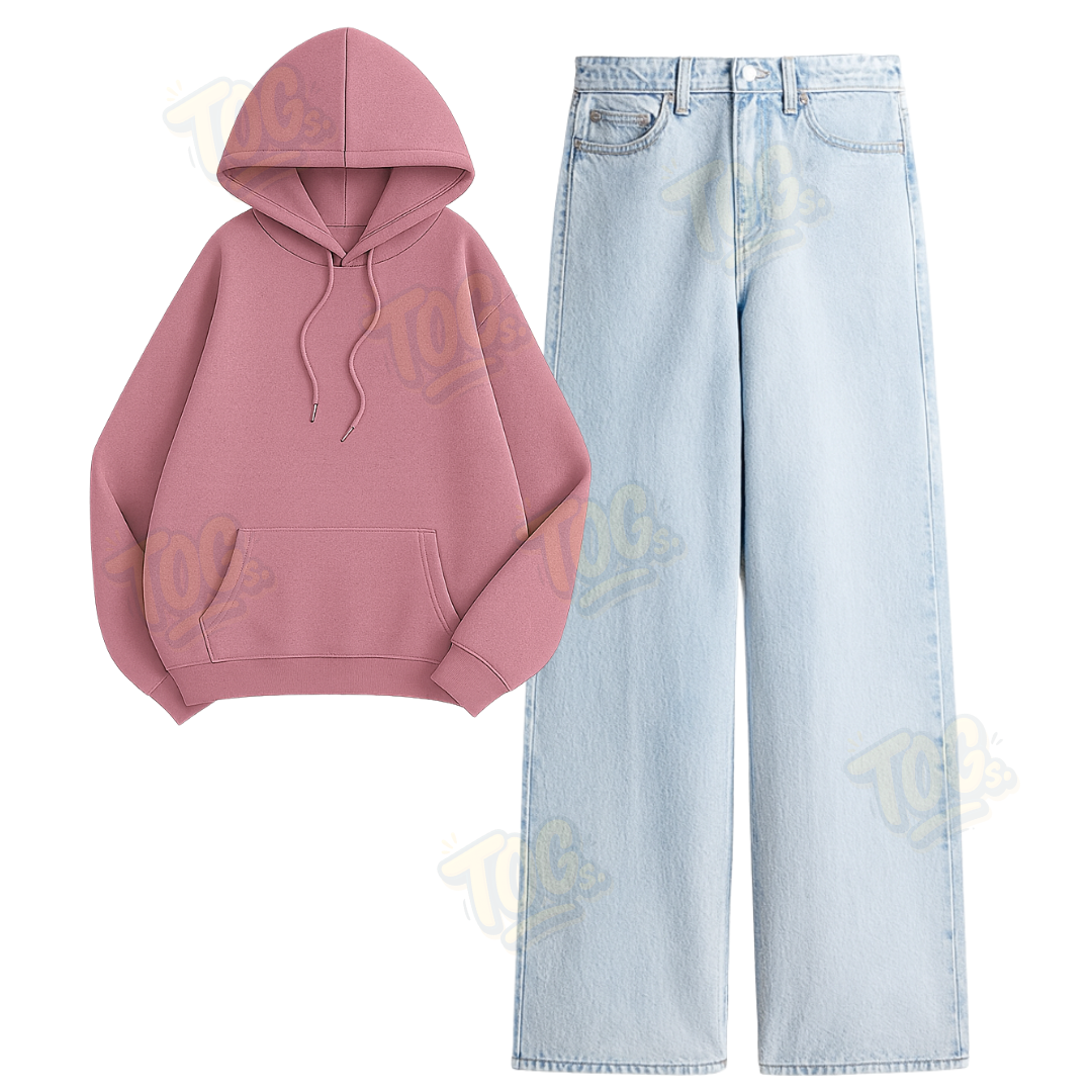 Ice Blue Wide Leg Jeans with Oversized Hoodie