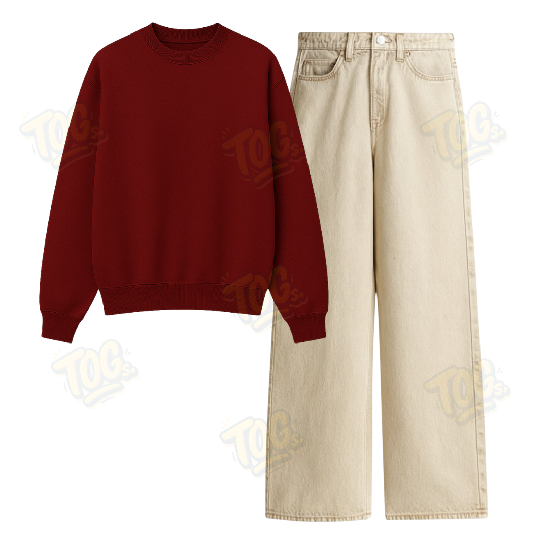 Beige Wide Leg Jeans With Oversized Sweatshirt