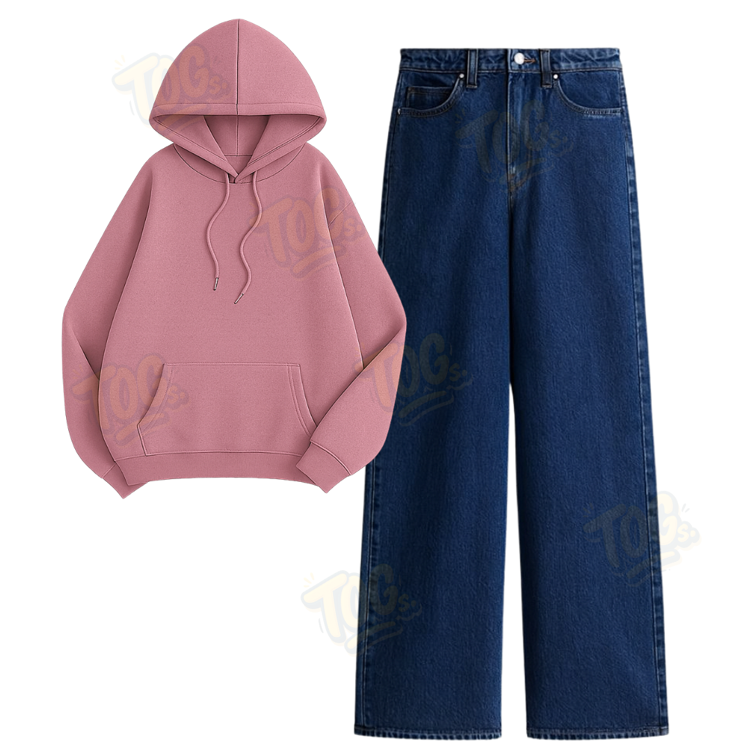 Dark Blue Wide Leg Jeans with Oversized Hoodie