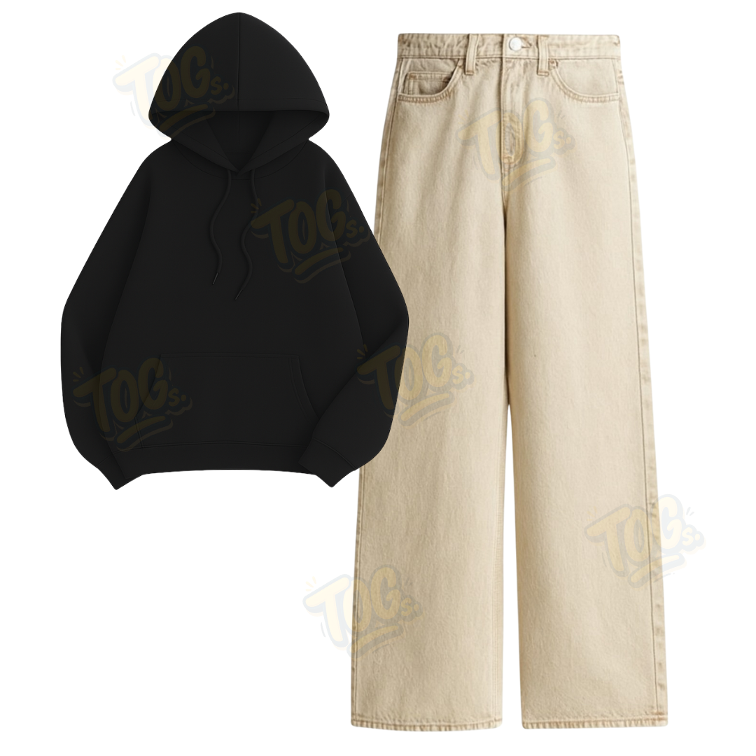 Beige Wide Leg Jeans with Oversized Hoodie
