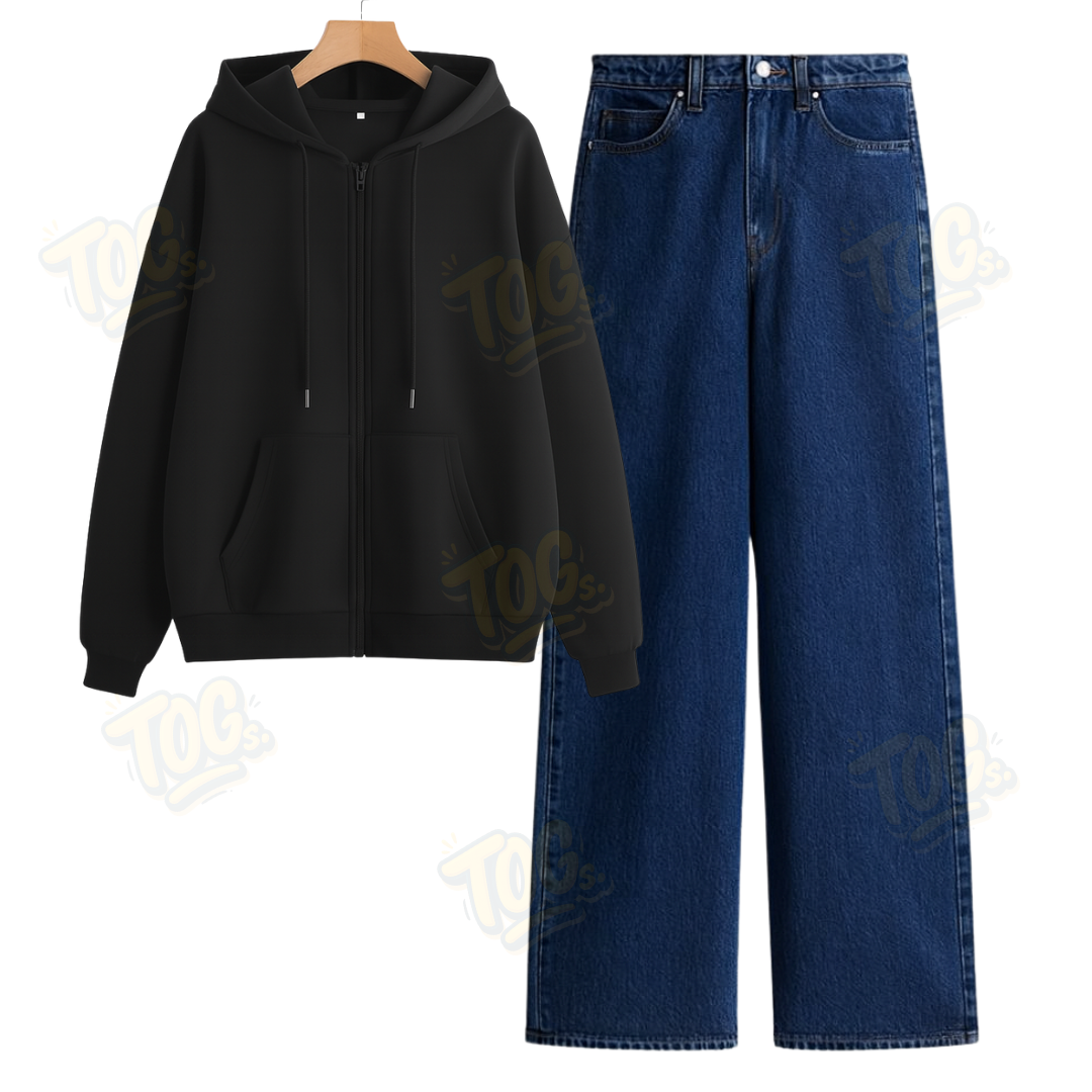 Dark blue Wide Leg Jeans With Oversized Zipper