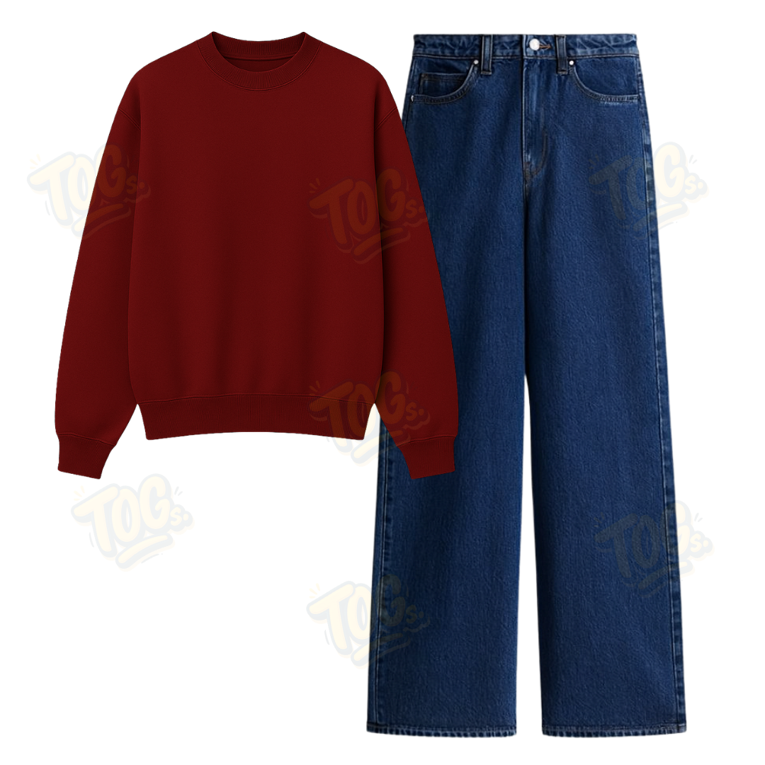 Dark Blue Wide Leg Jeans With Oversized Sweatshirt