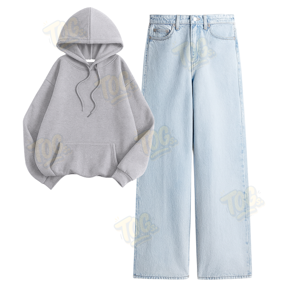 Ice Blue Wide Leg Jeans with Oversized Hoodie