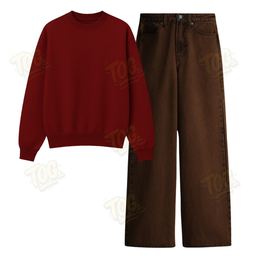 Brown Wide Leg Jeans With Oversized Sweatshirt