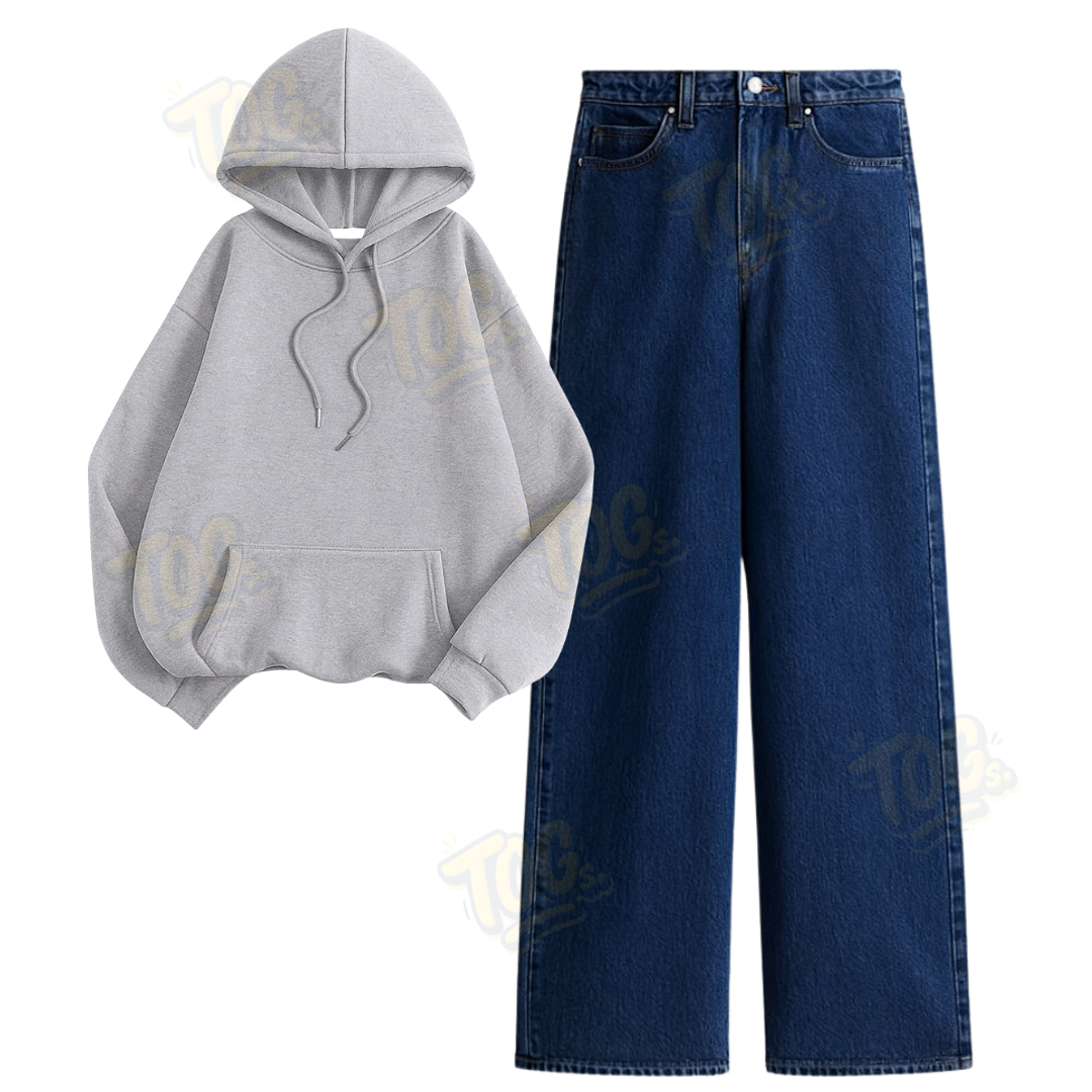Dark Blue Wide Leg Jeans with Oversized Hoodie
