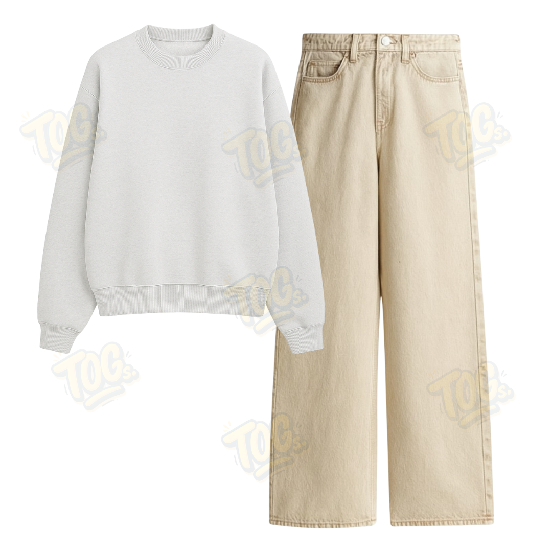 Beige Wide Leg Jeans With Oversized Sweatshirt