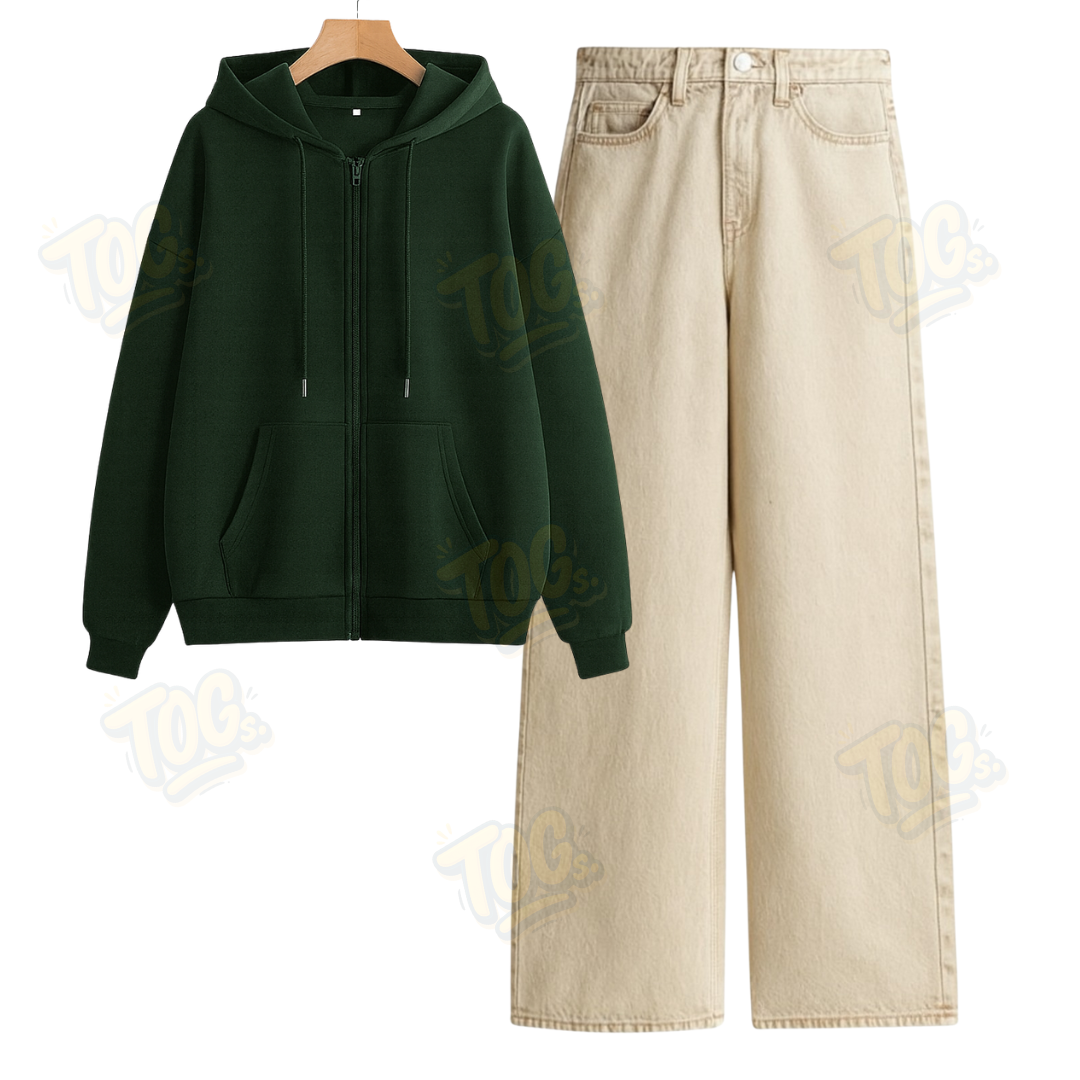 Beige Wide Leg Jeans With Oversized Zipper