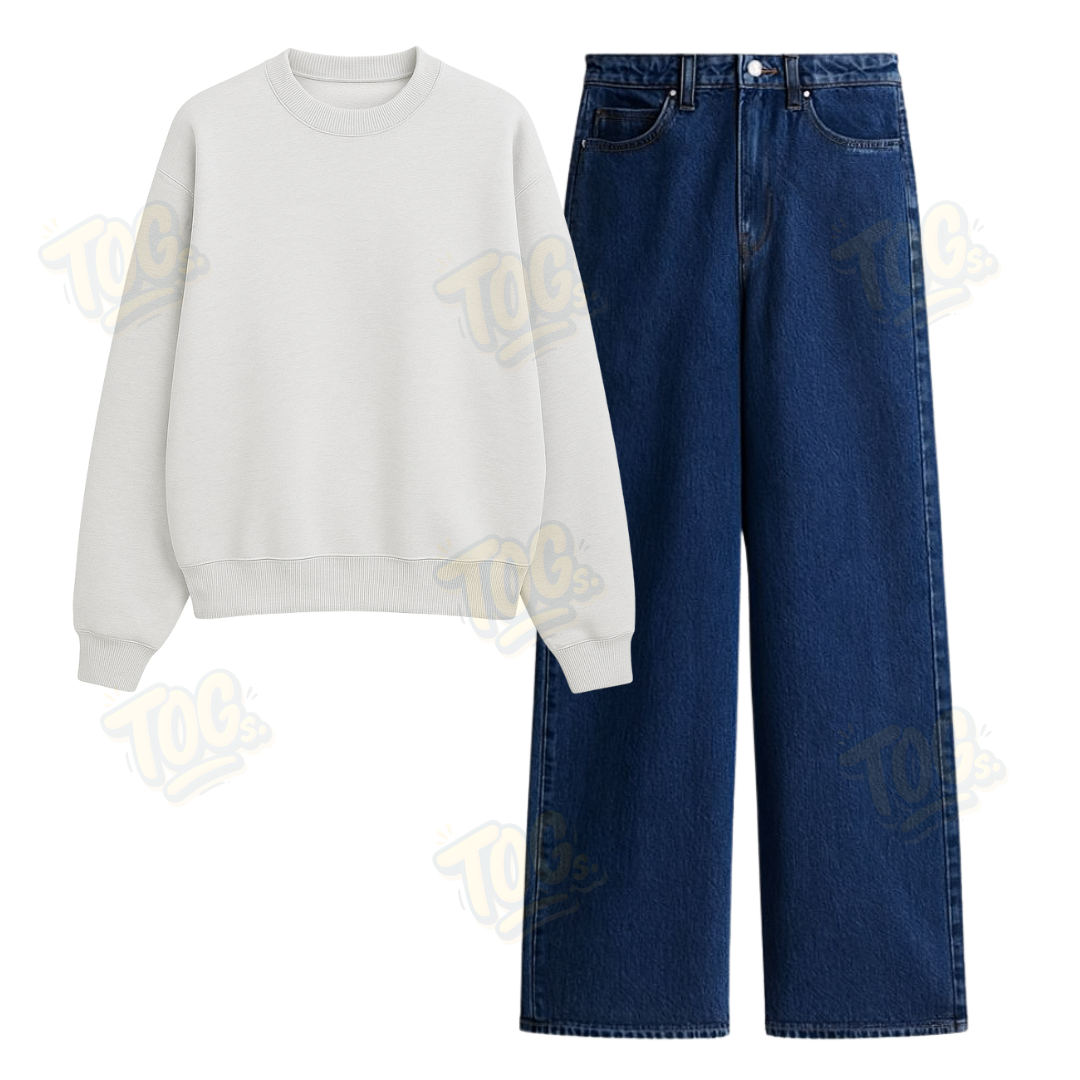 Dark Blue Wide Leg Jeans With Oversized Sweatshirt