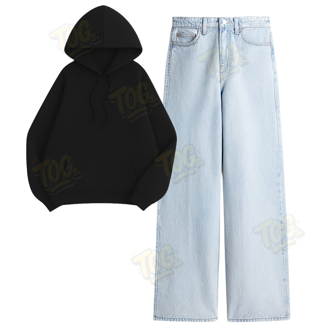 Ice Blue Wide Leg Jeans with Oversized Hoodie