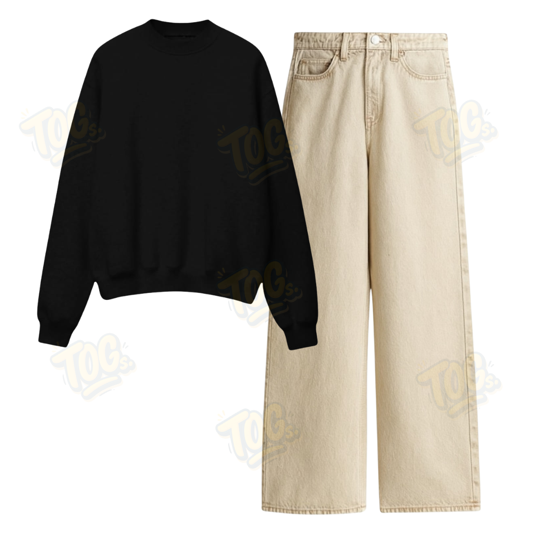 Beige Wide Leg Jeans With Oversized Sweatshirt