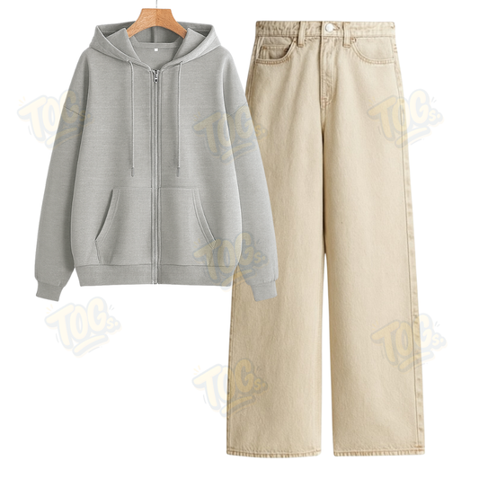 Beige Wide Leg Jeans With Oversized Zipper