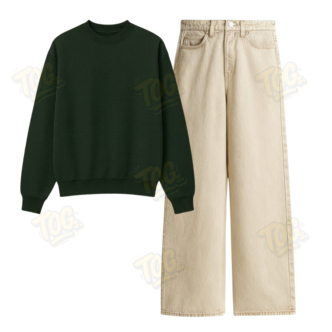 Beige Wide Leg Jeans With Oversized Sweatshirt