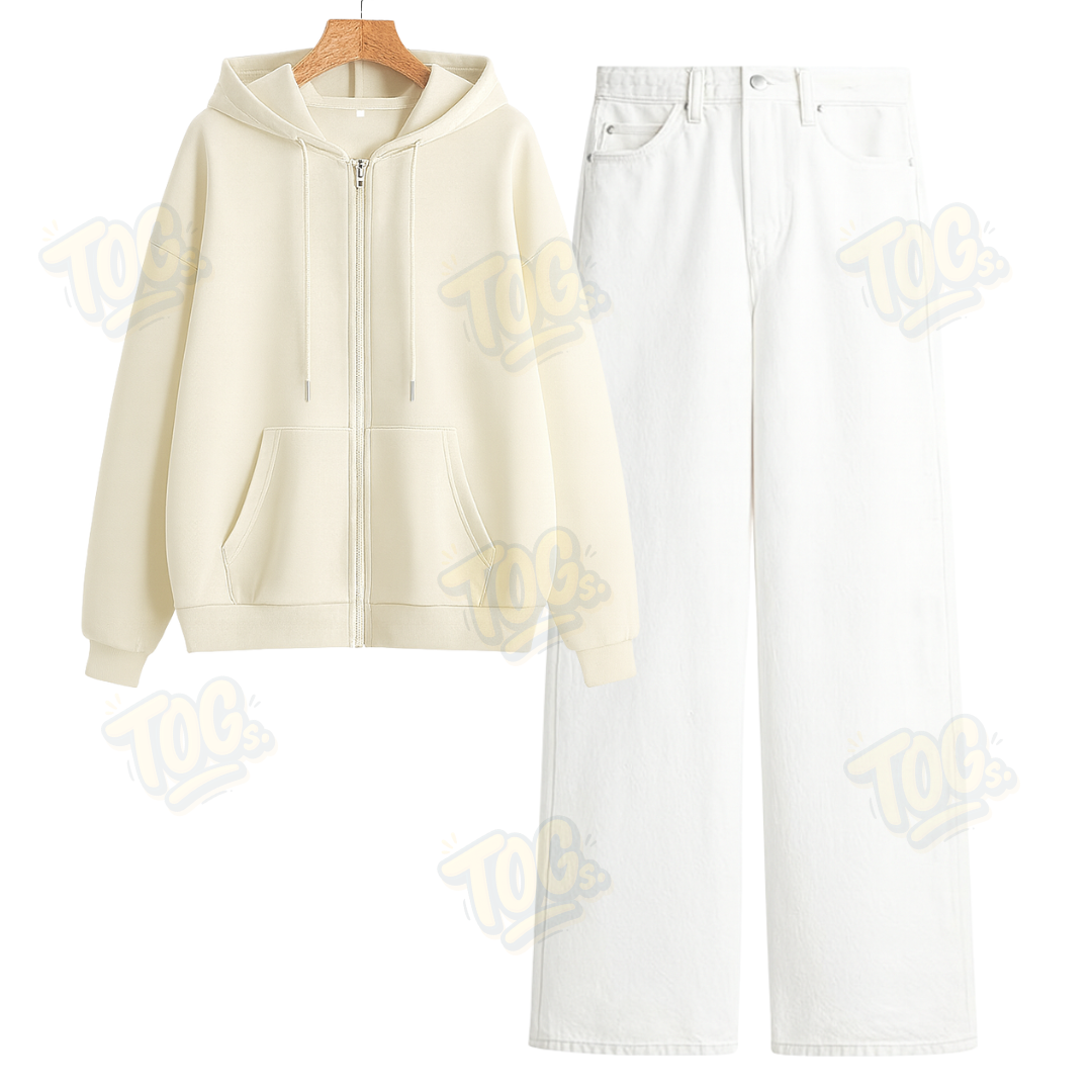 White Wide Leg Jeans With Oversized Zipper