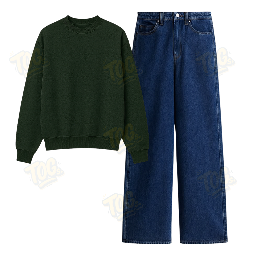 Dark Blue Wide Leg Jeans With Oversized Sweatshirt