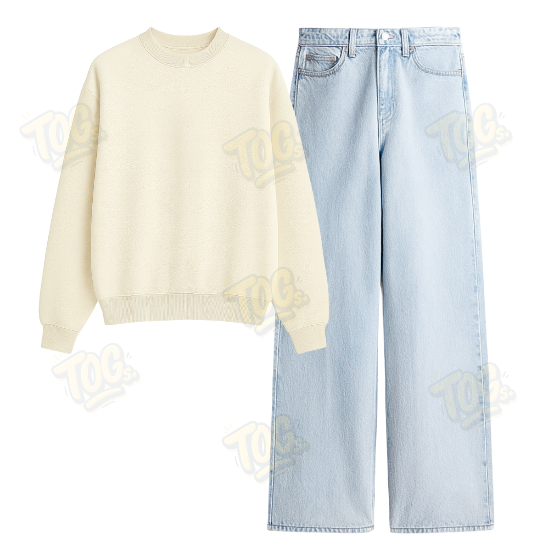 Ice Blue Wide Leg Jeans With Oversized Sweatshirt