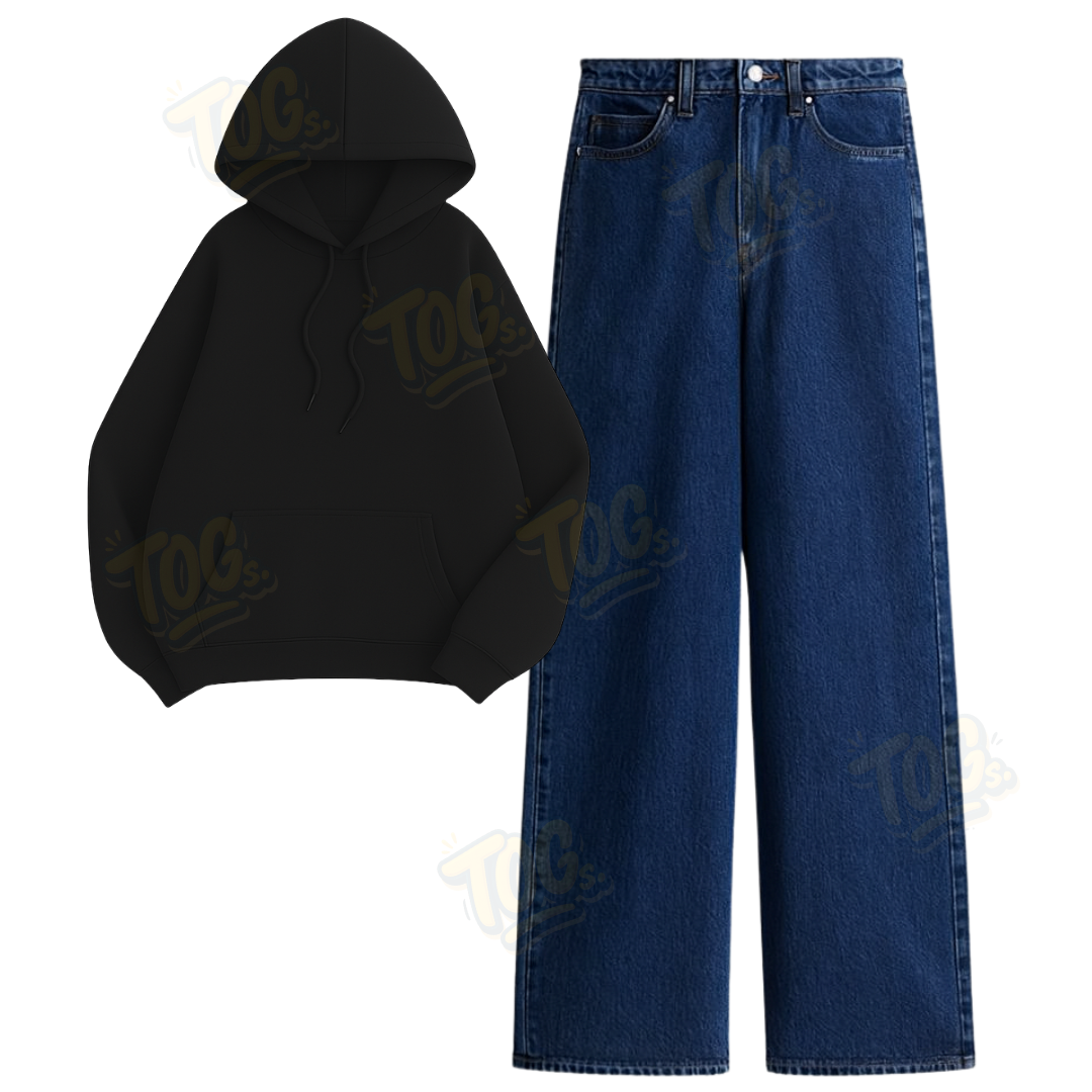 Dark Blue Wide Leg Jeans with Oversized Hoodie