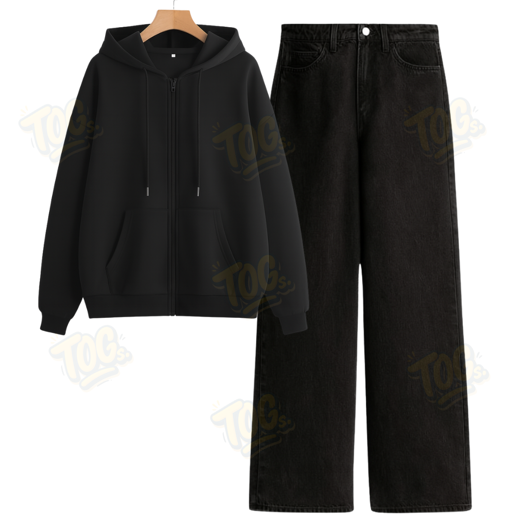 Black Wide Leg Jeans With Oversized Zipper