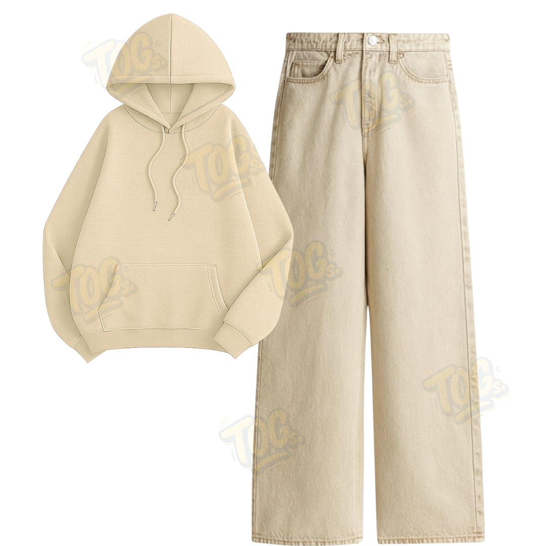 Beige Wide Leg Jeans with Oversized Hoodie