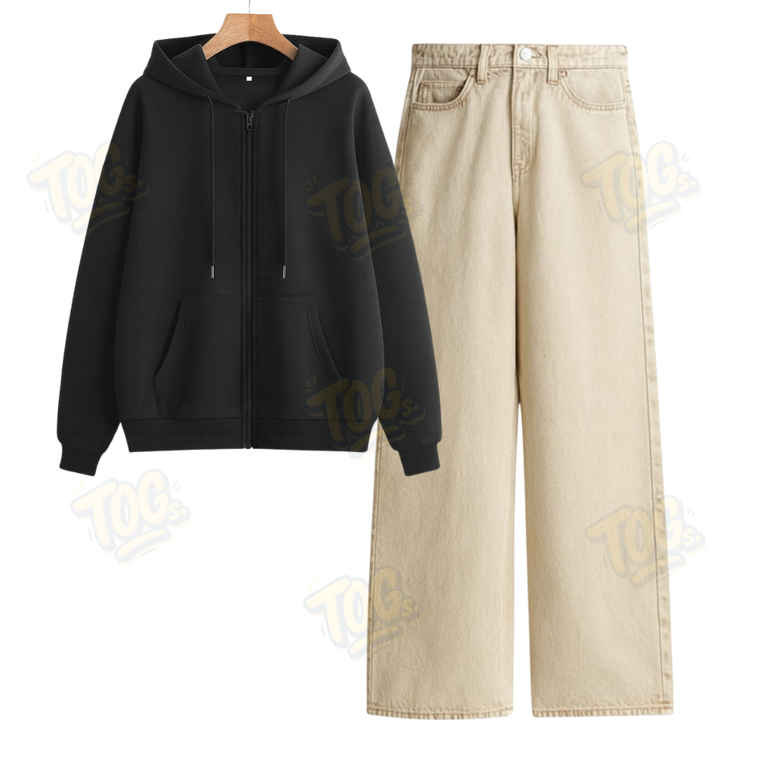 Beige Wide Leg Jeans With Oversized Zipper