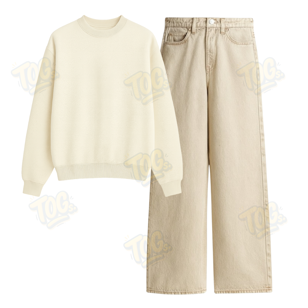 Beige Wide Leg Jeans With Oversized Sweatshirt