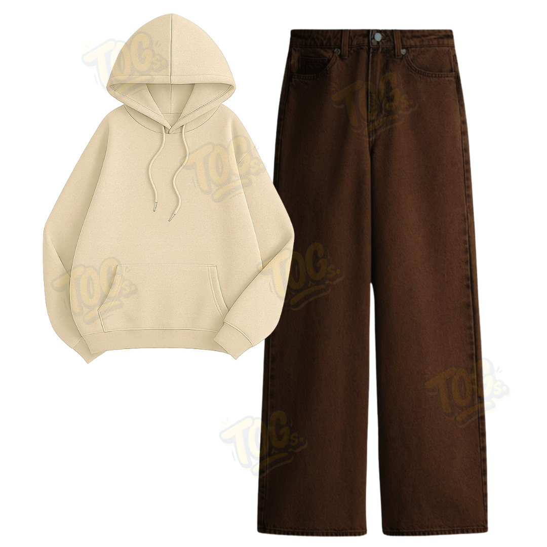 Brown Wide Leg Jeans with Oversized Hoodie