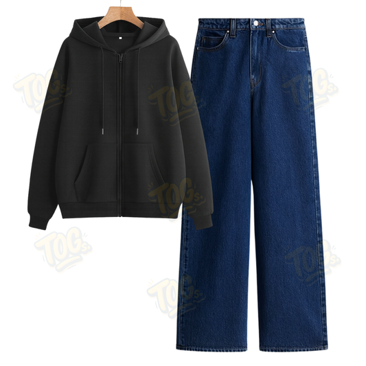 Dark blue Wide Leg Jeans With Oversized Zipper