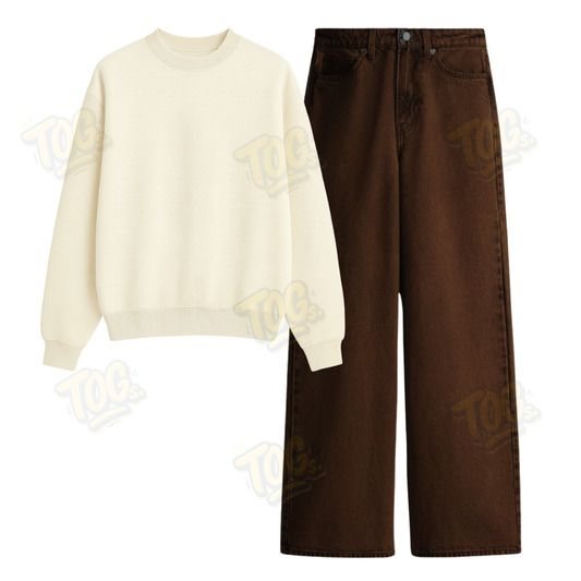 Brown Wide Leg Jeans With Oversized Sweatshirt