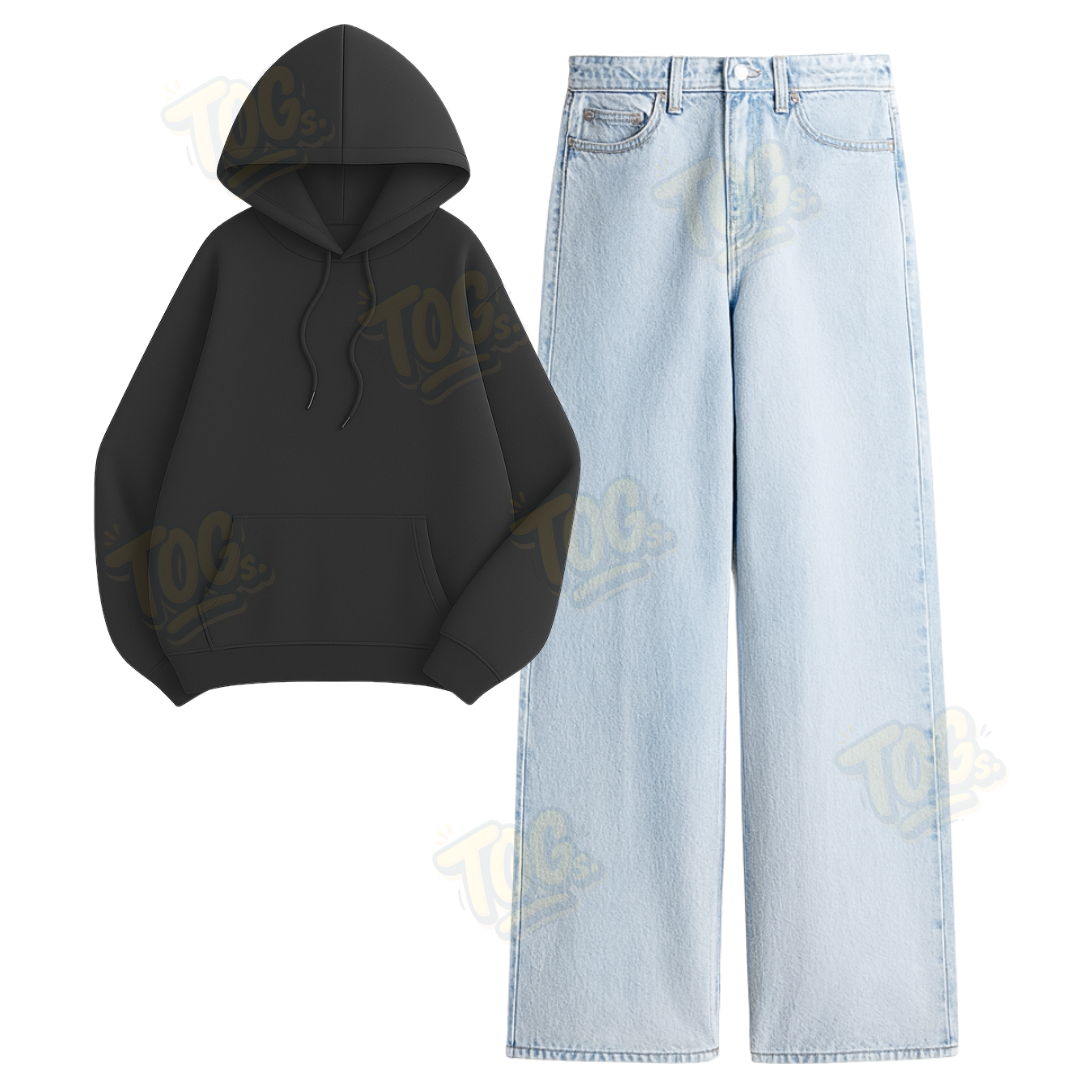 Ice Blue Wide Leg Jeans with Oversized Hoodie