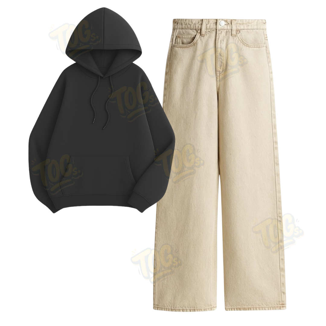 Beige Wide Leg Jeans with Oversized Hoodie