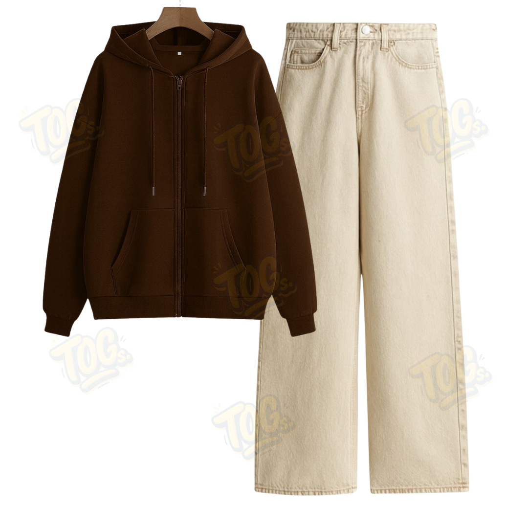 Beige Wide Leg Jeans With Oversized Zipper