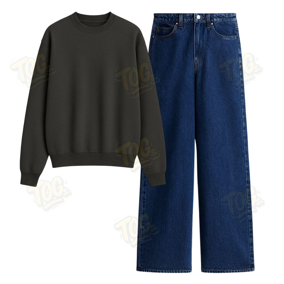 Dark Blue Wide Leg Jeans With Oversized Sweatshirt