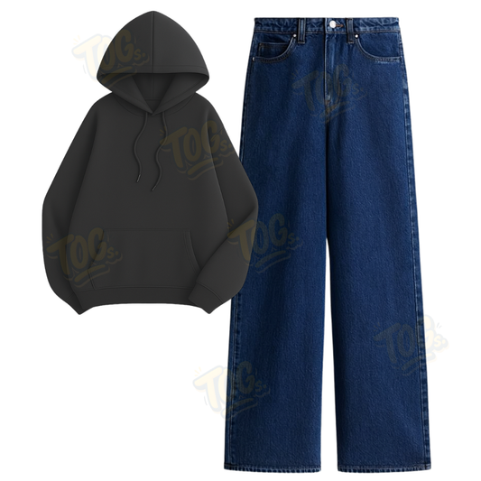 Dark Blue Wide Leg Jeans with Oversized Hoodie