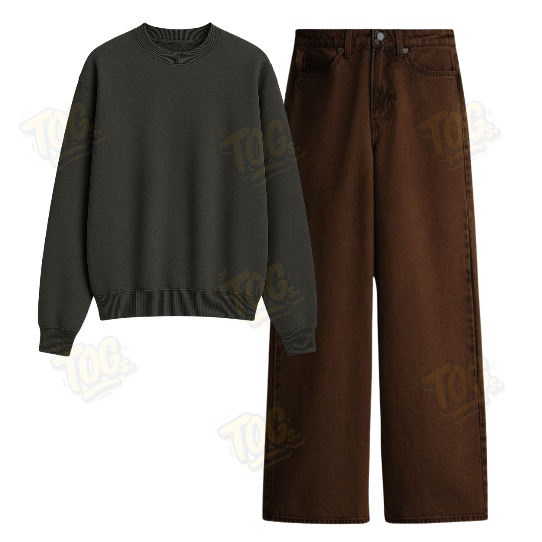 Brown Wide Leg Jeans With Oversized Sweatshirt