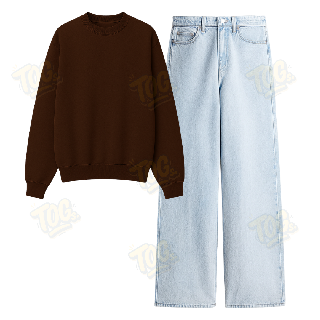 Ice Blue Wide Leg Jeans With Oversized Sweatshirt