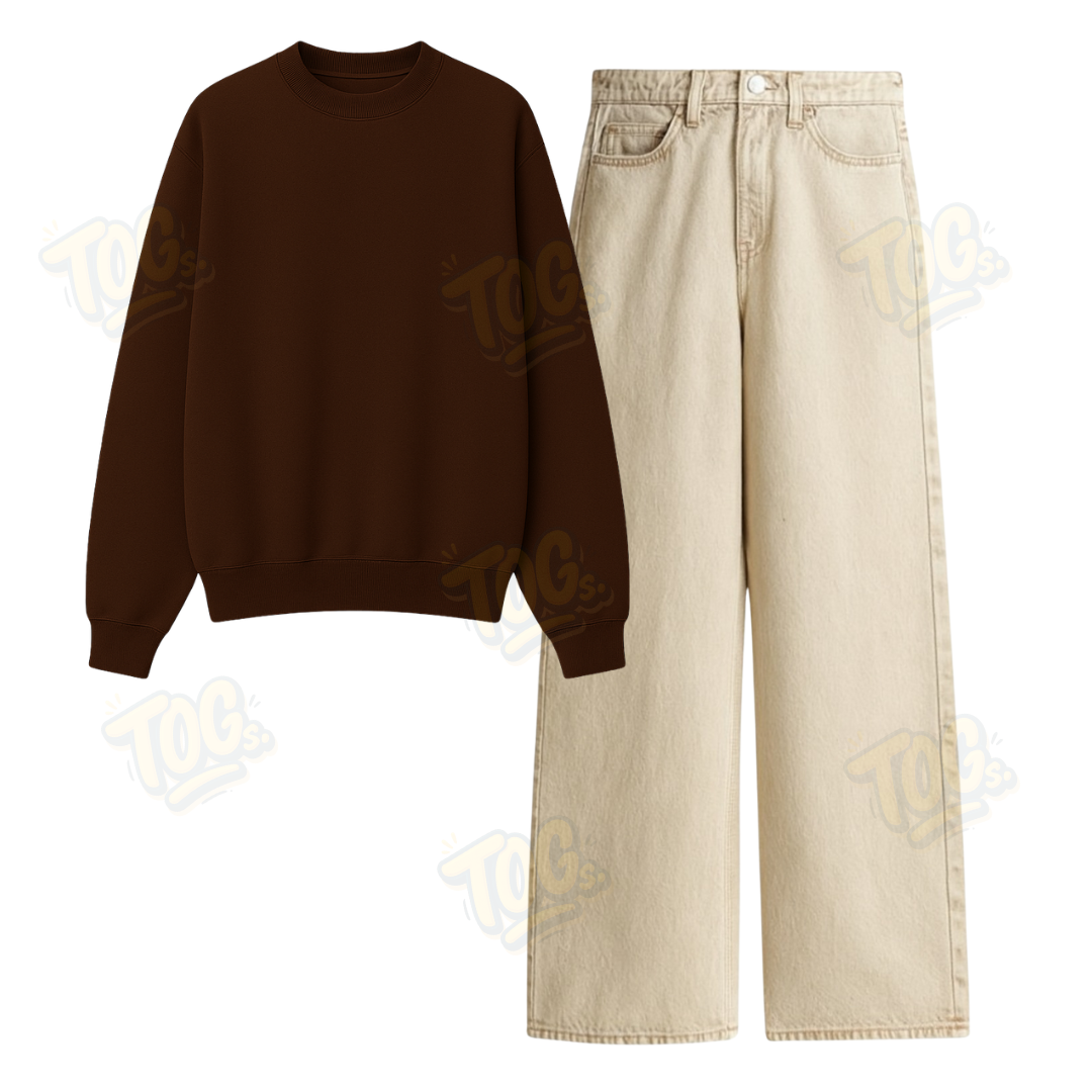 Beige Wide Leg Jeans With Oversized Sweatshirt