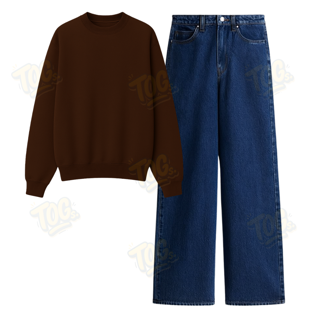 Dark Blue Wide Leg Jeans With Oversized Sweatshirt